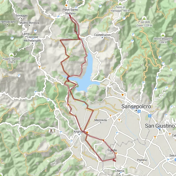 Miniatura della mappa di ispirazione al ciclismo "Monte Fungaia e Lago di Montedoglio" nella regione di Toscana, Italy. Generata da Tarmacs.app, pianificatore di rotte ciclistiche