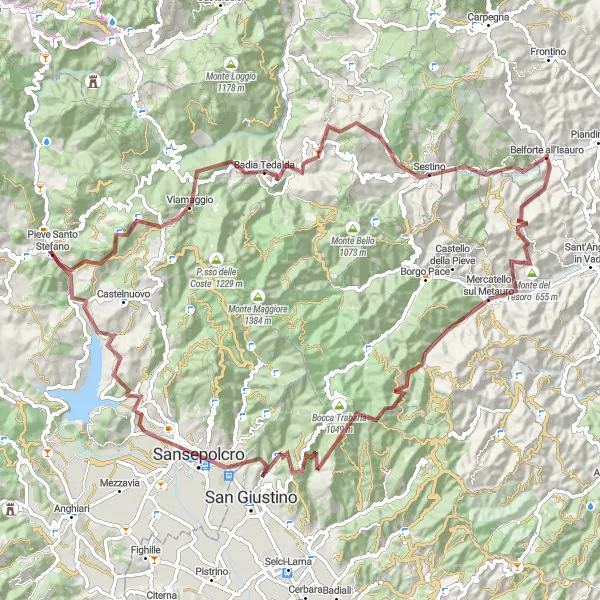 Miniaturní mapa "Extrémní gravelový okruh skrz Monte Giove" inspirace pro cyklisty v oblasti Toscana, Italy. Vytvořeno pomocí plánovače tras Tarmacs.app