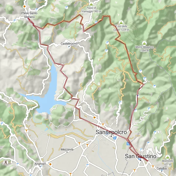Miniatura della mappa di ispirazione al ciclismo "Monte Verde e Sansepolcro" nella regione di Toscana, Italy. Generata da Tarmacs.app, pianificatore di rotte ciclistiche