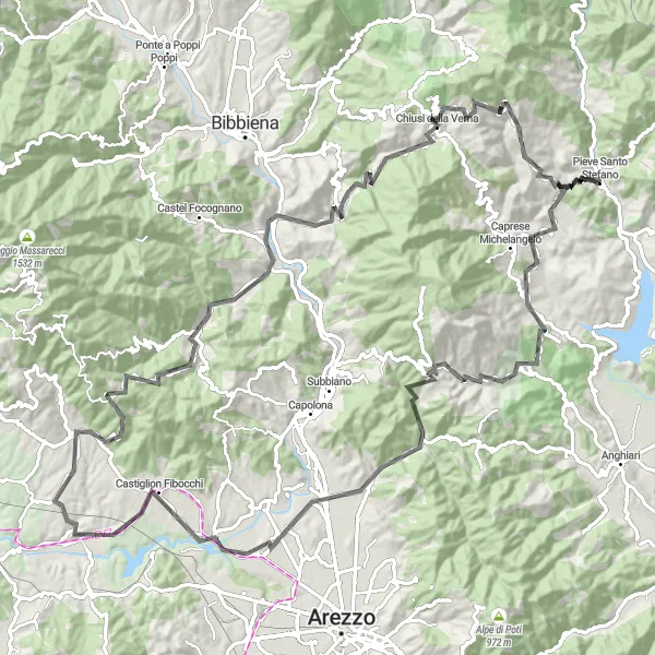 Zemljevid v pomanjšavi "Krožna kolesarska pot okoli Pieve Santo Stefano" kolesarske inspiracije v Toscana, Italy. Generirano z načrtovalcem kolesarskih poti Tarmacs.app