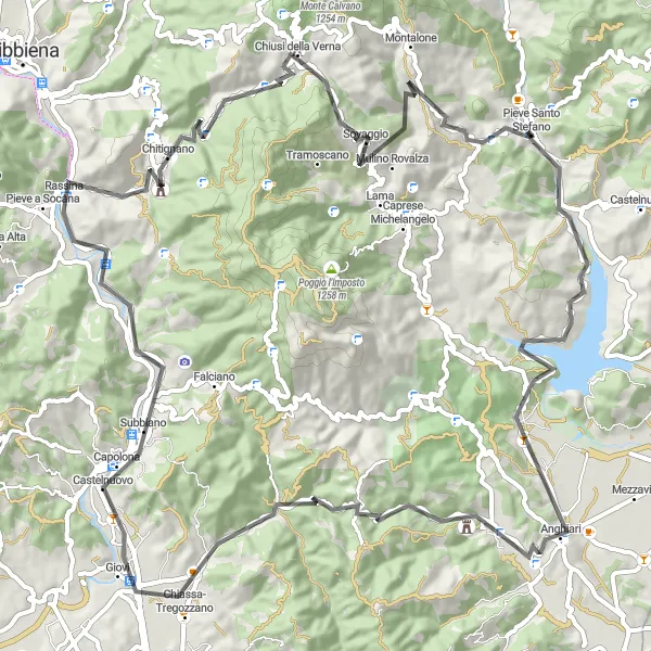 Miniatura della mappa di ispirazione al ciclismo "Giro di Chiusi della Verna e Poggio di Garavone" nella regione di Toscana, Italy. Generata da Tarmacs.app, pianificatore di rotte ciclistiche