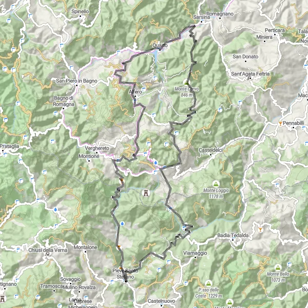 Miniatura della mappa di ispirazione al ciclismo "Alla scoperta di Sarsina e San Giustino" nella regione di Toscana, Italy. Generata da Tarmacs.app, pianificatore di rotte ciclistiche