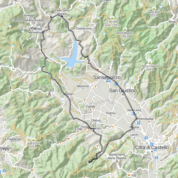 Karttaminiaatyyri "Sansepolcron maantiepyöräreitti" pyöräilyinspiraatiosta alueella Toscana, Italy. Luotu Tarmacs.app pyöräilyreittisuunnittelijalla