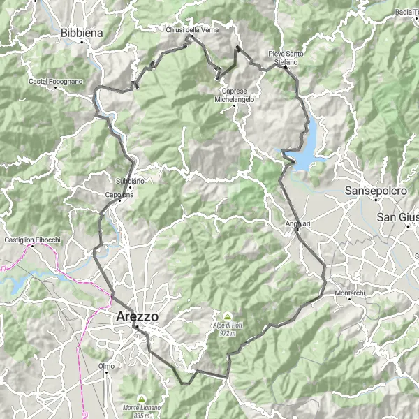 Map miniature of "The Thrilling Hills of Pieve Santo Stefano" cycling inspiration in Toscana, Italy. Generated by Tarmacs.app cycling route planner