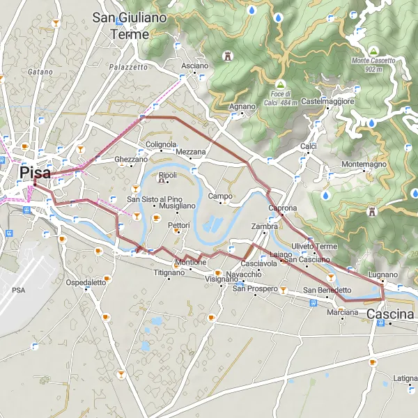 Miniatura della mappa di ispirazione al ciclismo "Cicloturismo gravel da Pisa a La Noce" nella regione di Toscana, Italy. Generata da Tarmacs.app, pianificatore di rotte ciclistiche