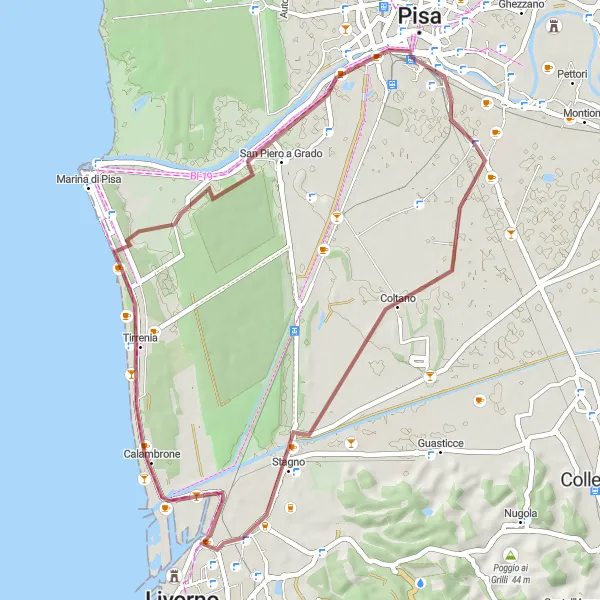 Miniature de la carte de l'inspiration cycliste "Aventure cycliste à Coltano et Sant'Ermete" dans la Toscana, Italy. Générée par le planificateur d'itinéraire cycliste Tarmacs.app