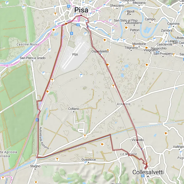 Map miniature of "Scenic Gravel Loop from Pisa" cycling inspiration in Toscana, Italy. Generated by Tarmacs.app cycling route planner