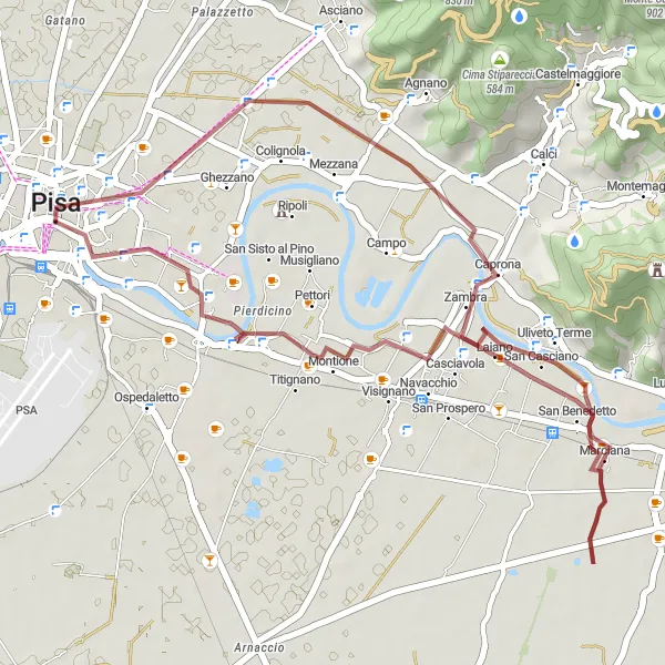 Miniatua del mapa de inspiración ciclista "Ruta tranquila por caminos de grava en Pisa" en Toscana, Italy. Generado por Tarmacs.app planificador de rutas ciclistas