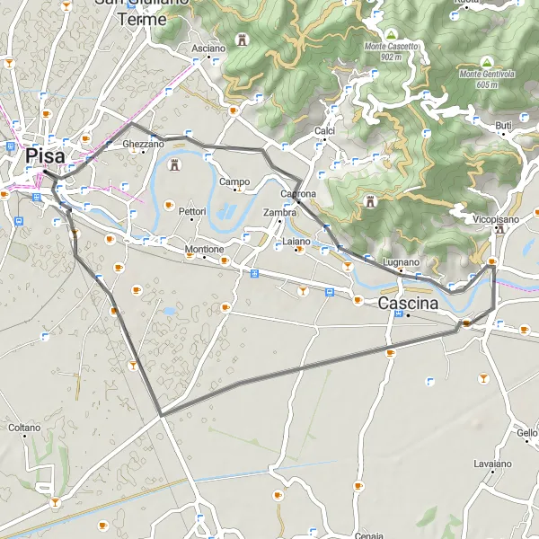 Map miniature of "Pisa to Monte Castellare Road Ride" cycling inspiration in Toscana, Italy. Generated by Tarmacs.app cycling route planner