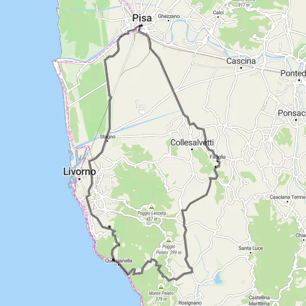 Mapa miniatúra "Fauglia loop road cycling tour" cyklistická inšpirácia v Toscana, Italy. Vygenerované cyklistickým plánovačom trás Tarmacs.app