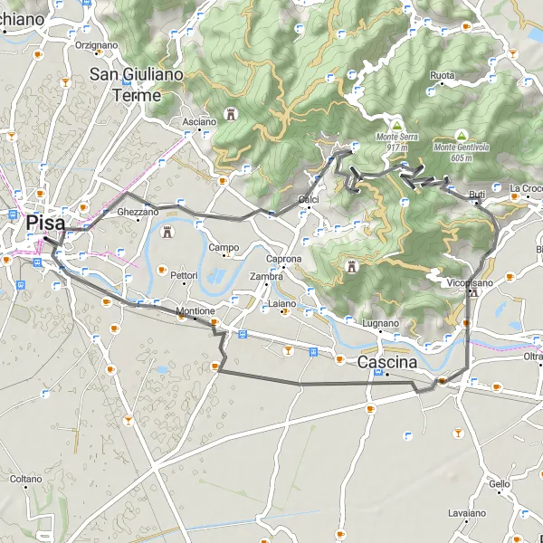 Miniaturní mapa "Okolí Pisy - Road Cycling" inspirace pro cyklisty v oblasti Toscana, Italy. Vytvořeno pomocí plánovače tras Tarmacs.app