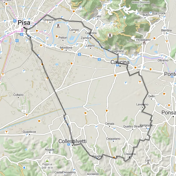 Karttaminiaatyyri "Toscanan kulttuurireitti" pyöräilyinspiraatiosta alueella Toscana, Italy. Luotu Tarmacs.app pyöräilyreittisuunnittelijalla