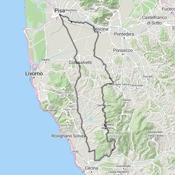 Mapa miniatúra "Pisa - Riparbella road cycling adventure" cyklistická inšpirácia v Toscana, Italy. Vygenerované cyklistickým plánovačom trás Tarmacs.app
