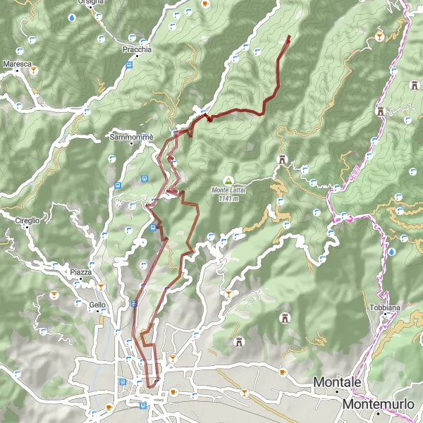 Miniatura della mappa di ispirazione al ciclismo "Giro in bicicletta tra le colline toscane da Pistoia" nella regione di Toscana, Italy. Generata da Tarmacs.app, pianificatore di rotte ciclistiche
