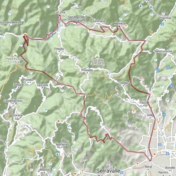 Miniatura della mappa di ispirazione al ciclismo "Gravel Tour delle Torri" nella regione di Toscana, Italy. Generata da Tarmacs.app, pianificatore di rotte ciclistiche