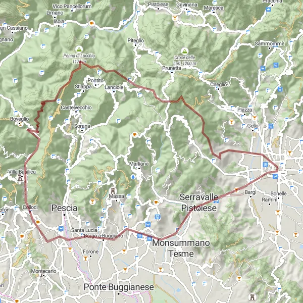 Miniatura della mappa di ispirazione al ciclismo "Avventuroso Giro in Gravel da Pistoia a Calamecca" nella regione di Toscana, Italy. Generata da Tarmacs.app, pianificatore di rotte ciclistiche