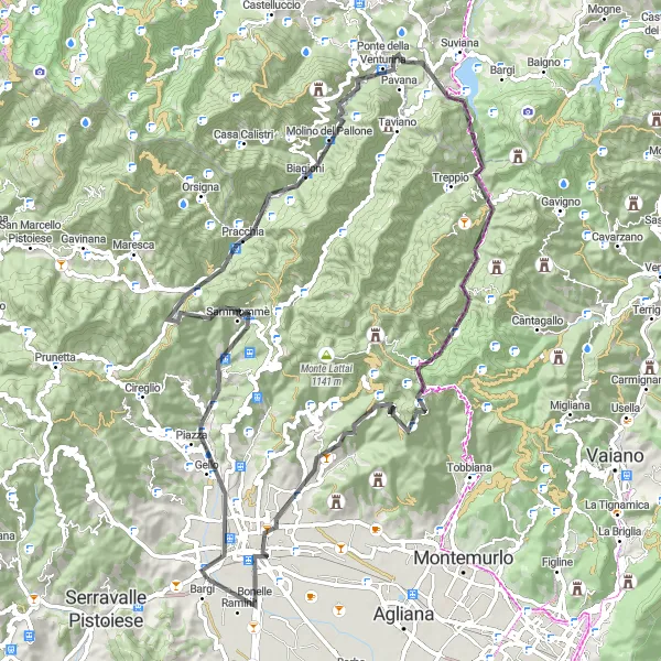 Miniatura della mappa di ispirazione al ciclismo "Tour in Bicicletta da Pistoia a Sammommè" nella regione di Toscana, Italy. Generata da Tarmacs.app, pianificatore di rotte ciclistiche