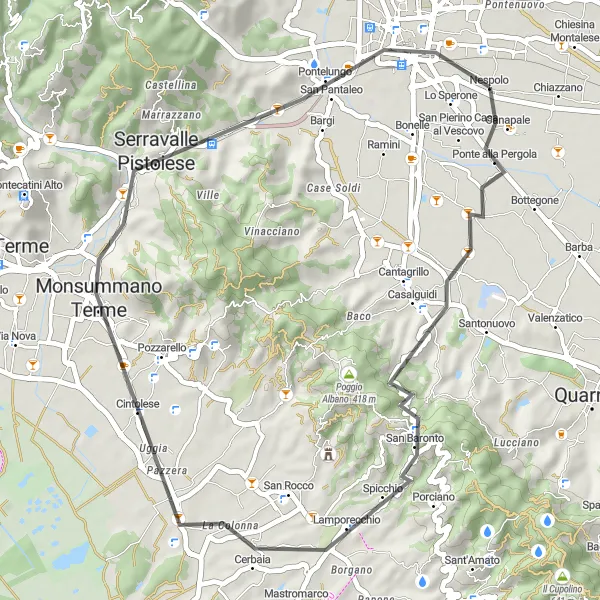 Miniatura della mappa di ispirazione al ciclismo "Percorso in Bicicletta da Pistoia a San Baronto" nella regione di Toscana, Italy. Generata da Tarmacs.app, pianificatore di rotte ciclistiche