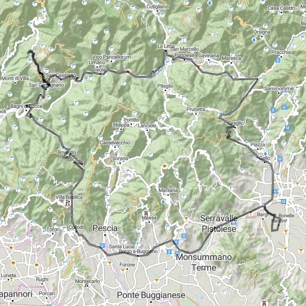 Miniatura della mappa di ispirazione al ciclismo "Tour in bicicletta tra Montecatini Terme e San Marcello Pistoiese" nella regione di Toscana, Italy. Generata da Tarmacs.app, pianificatore di rotte ciclistiche