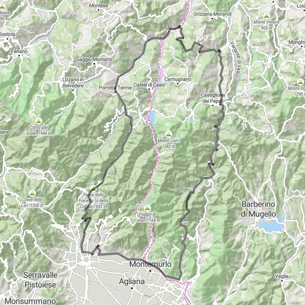 Miniatura della mappa di ispirazione al ciclismo "Giro in bicicletta da Pistoia attraverso Monte Catarelto" nella regione di Toscana, Italy. Generata da Tarmacs.app, pianificatore di rotte ciclistiche