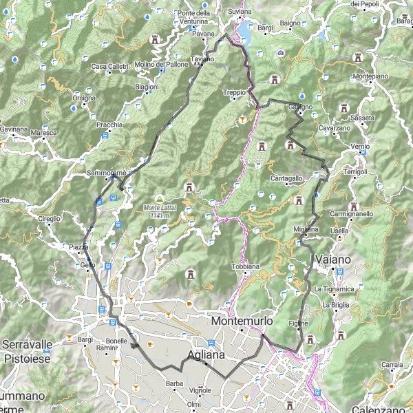 Miniaturní mapa "Road Bike Adventure kolem Pistoie" inspirace pro cyklisty v oblasti Toscana, Italy. Vytvořeno pomocí plánovače tras Tarmacs.app