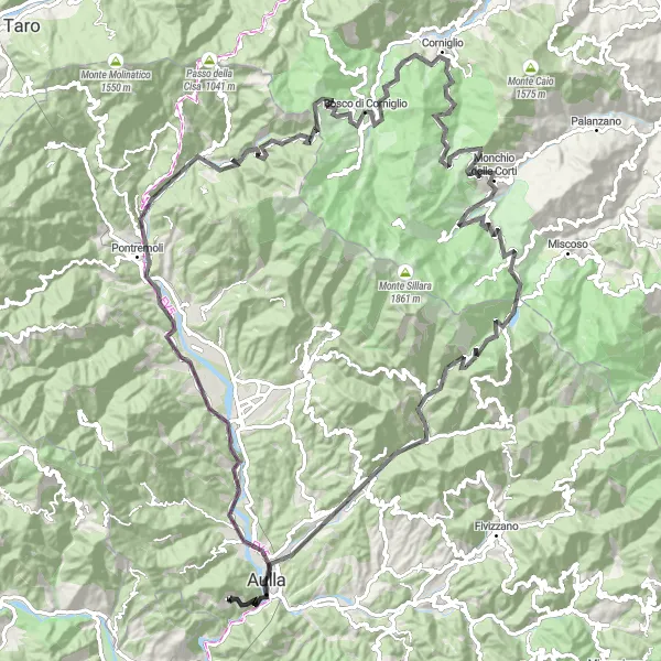 Map miniature of "Scenic Lunigiana Ride" cycling inspiration in Toscana, Italy. Generated by Tarmacs.app cycling route planner