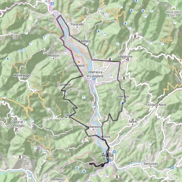 Map miniature of "Podenzana to Bagnone and back" cycling inspiration in Toscana, Italy. Generated by Tarmacs.app cycling route planner