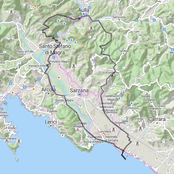 Miniatura della mappa di ispirazione al ciclismo "Giro in bicicletta da Podenzana a Albiano Magra" nella regione di Toscana, Italy. Generata da Tarmacs.app, pianificatore di rotte ciclistiche