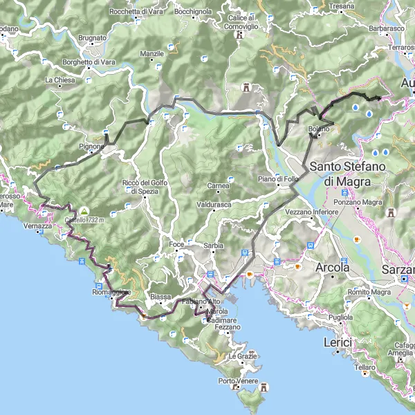 Map miniature of "Podenzana to Castiglione Vara and back" cycling inspiration in Toscana, Italy. Generated by Tarmacs.app cycling route planner