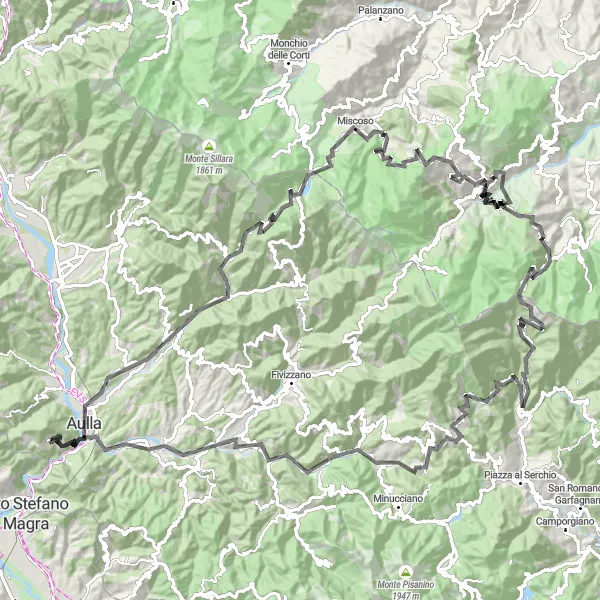 Miniature de la carte de l'inspiration cycliste "Sur les traces des Chevaliers" dans la Toscana, Italy. Générée par le planificateur d'itinéraire cycliste Tarmacs.app