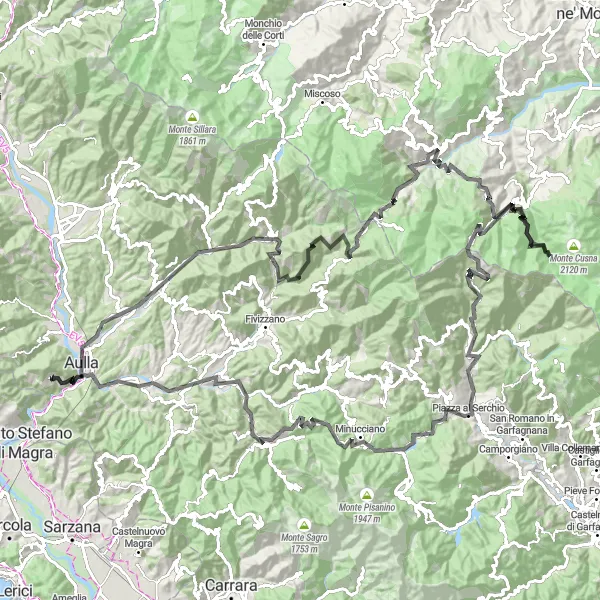 Zemljevid v pomanjšavi "Naporna vožnja do Passo del Cerreto" kolesarske inspiracije v Toscana, Italy. Generirano z načrtovalcem kolesarskih poti Tarmacs.app