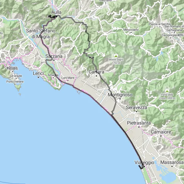 Miniatura della mappa di ispirazione al ciclismo "Giro in bicicletta da Podenzana a Abbazia di San Caprasio" nella regione di Toscana, Italy. Generata da Tarmacs.app, pianificatore di rotte ciclistiche