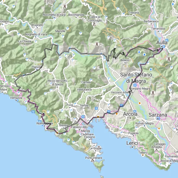 Map miniature of "Mountain Magic" cycling inspiration in Toscana, Italy. Generated by Tarmacs.app cycling route planner