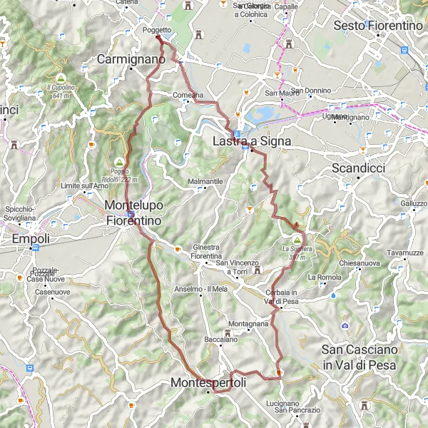Zemljevid v pomanjšavi "Gozdni izziv okoli Poggetta" kolesarske inspiracije v Toscana, Italy. Generirano z načrtovalcem kolesarskih poti Tarmacs.app