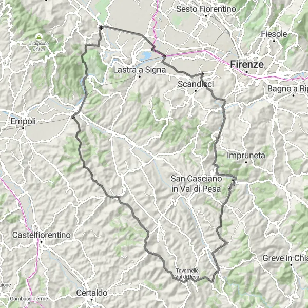 Zemljevid v pomanjšavi "Kolesarska pot Poggio a Caiano - Santa Cristina in Pilli" kolesarske inspiracije v Toscana, Italy. Generirano z načrtovalcem kolesarskih poti Tarmacs.app