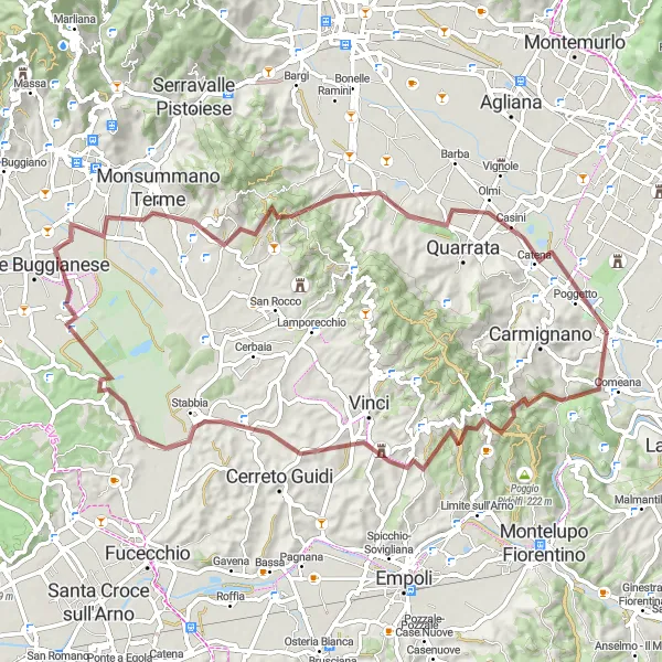Miniatura della mappa di ispirazione al ciclismo "Tour della Montagna Verde" nella regione di Toscana, Italy. Generata da Tarmacs.app, pianificatore di rotte ciclistiche