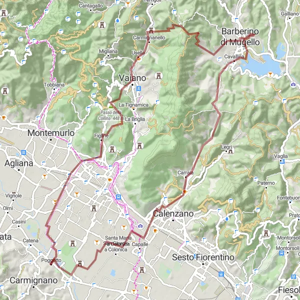 Miniatua del mapa de inspiración ciclista "Ruta de ciclismo de grava por Vaiano" en Toscana, Italy. Generado por Tarmacs.app planificador de rutas ciclistas