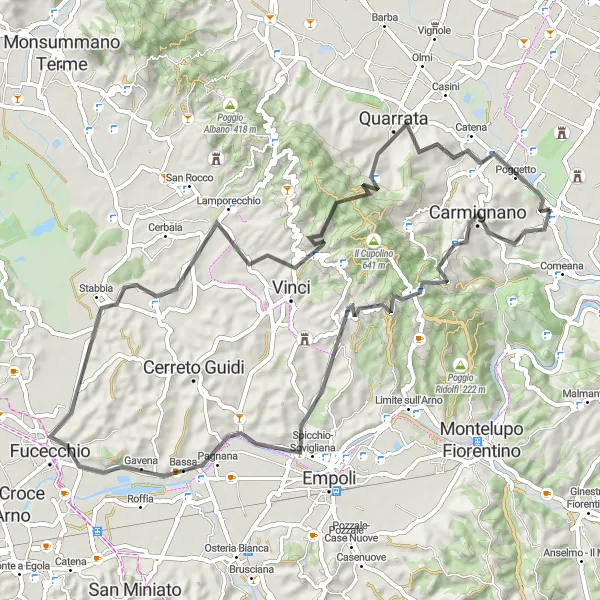 Miniature de la carte de l'inspiration cycliste "Tour des Vignobles de Carmignano" dans la Toscana, Italy. Générée par le planificateur d'itinéraire cycliste Tarmacs.app