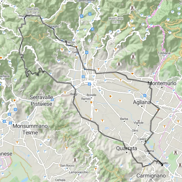 Zemljevid v pomanjšavi "Poggio A Caiano - Pistoia Loop" kolesarske inspiracije v Toscana, Italy. Generirano z načrtovalcem kolesarskih poti Tarmacs.app