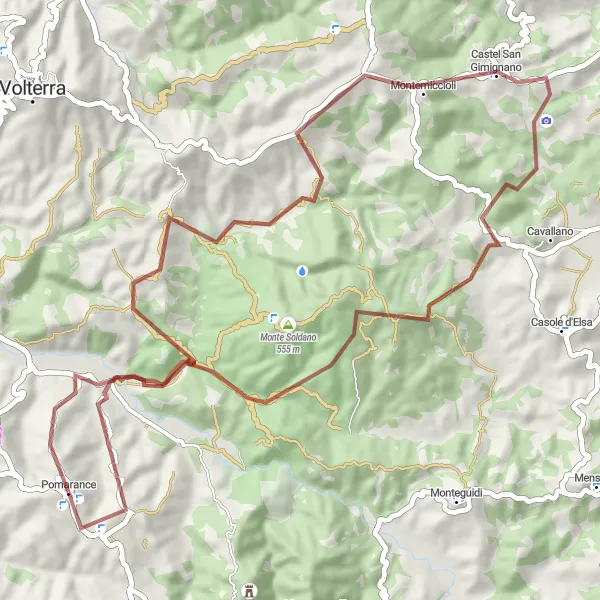 Mapa miniatúra "Extended gravel bike loop from Pomarance" cyklistická inšpirácia v Toscana, Italy. Vygenerované cyklistickým plánovačom trás Tarmacs.app