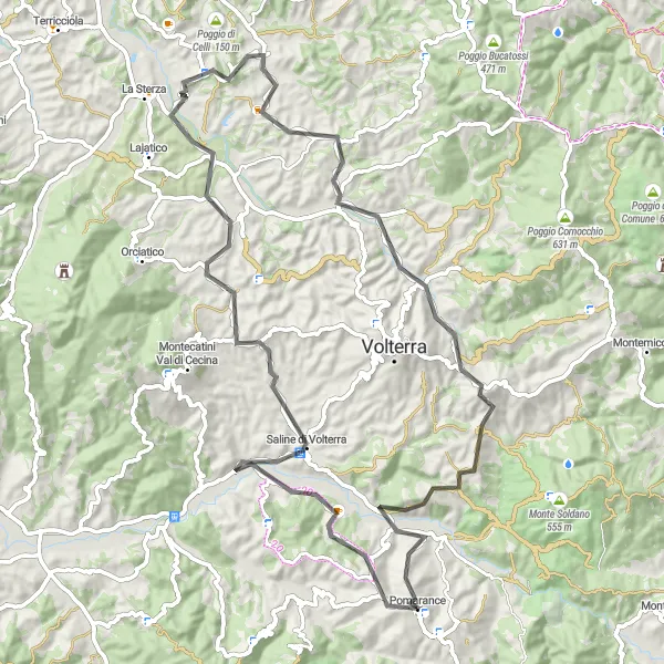 Miniatura della mappa di ispirazione al ciclismo "Tour delle colline toscane in bicicletta" nella regione di Toscana, Italy. Generata da Tarmacs.app, pianificatore di rotte ciclistiche