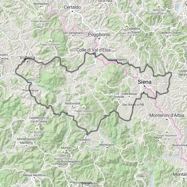Miniatua del mapa de inspiración ciclista "Ruta de Pomarance a Monteriggioni y más allá" en Toscana, Italy. Generado por Tarmacs.app planificador de rutas ciclistas