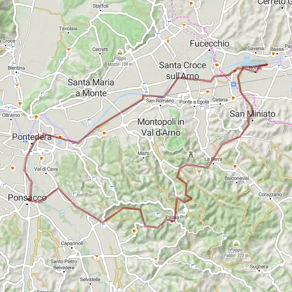 Map miniature of "Pontedera-San Miniato-Ponsacco Gravel Route" cycling inspiration in Toscana, Italy. Generated by Tarmacs.app cycling route planner