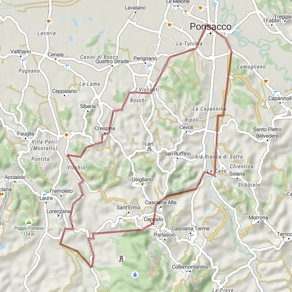 Map miniature of "Gravel Ride to Ponsacco" cycling inspiration in Toscana, Italy. Generated by Tarmacs.app cycling route planner