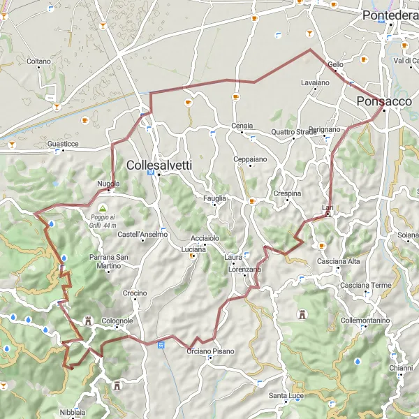 Mapa miniatúra "Gravel výlet cez Lari a Gello" cyklistická inšpirácia v Toscana, Italy. Vygenerované cyklistickým plánovačom trás Tarmacs.app