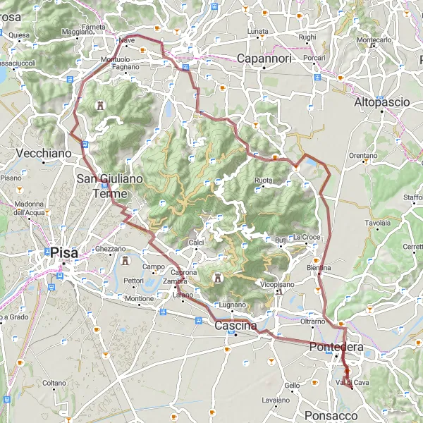 Map miniature of "Exploring the Gravel Paths: Ponsacco to Val di Cava" cycling inspiration in Toscana, Italy. Generated by Tarmacs.app cycling route planner