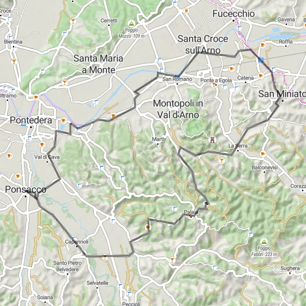 Map miniature of "Castelfranco di Sotto-Palaia-Ponsacco Road Loop" cycling inspiration in Toscana, Italy. Generated by Tarmacs.app cycling route planner