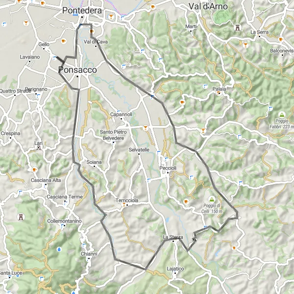 Karttaminiaatyyri "Poggio di Celli ja Soianella - Maantiepyöräilyreitti" pyöräilyinspiraatiosta alueella Toscana, Italy. Luotu Tarmacs.app pyöräilyreittisuunnittelijalla