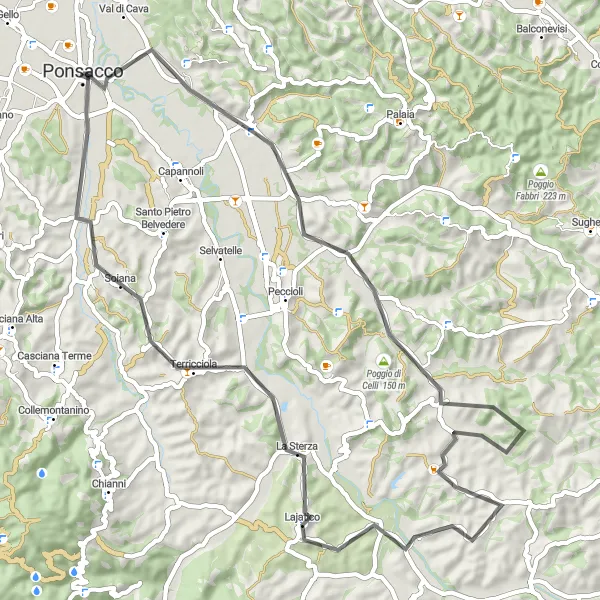 Miniatuurkaart van de fietsinspiratie "Fietsroute van Ponsacco naar Terricciola" in Toscana, Italy. Gemaakt door de Tarmacs.app fietsrouteplanner