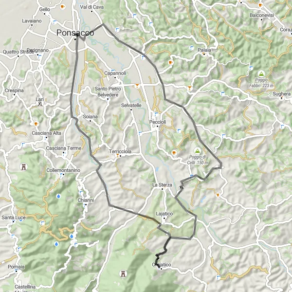 Miniatura della mappa di ispirazione al ciclismo "Giro su strada da Ponsacco a Lajatico" nella regione di Toscana, Italy. Generata da Tarmacs.app, pianificatore di rotte ciclistiche